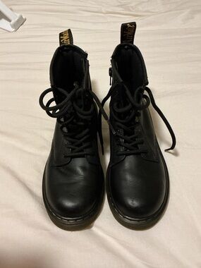 Dr. Martens Kids Black Leather Lace-Up Boots with Yellow Stitching